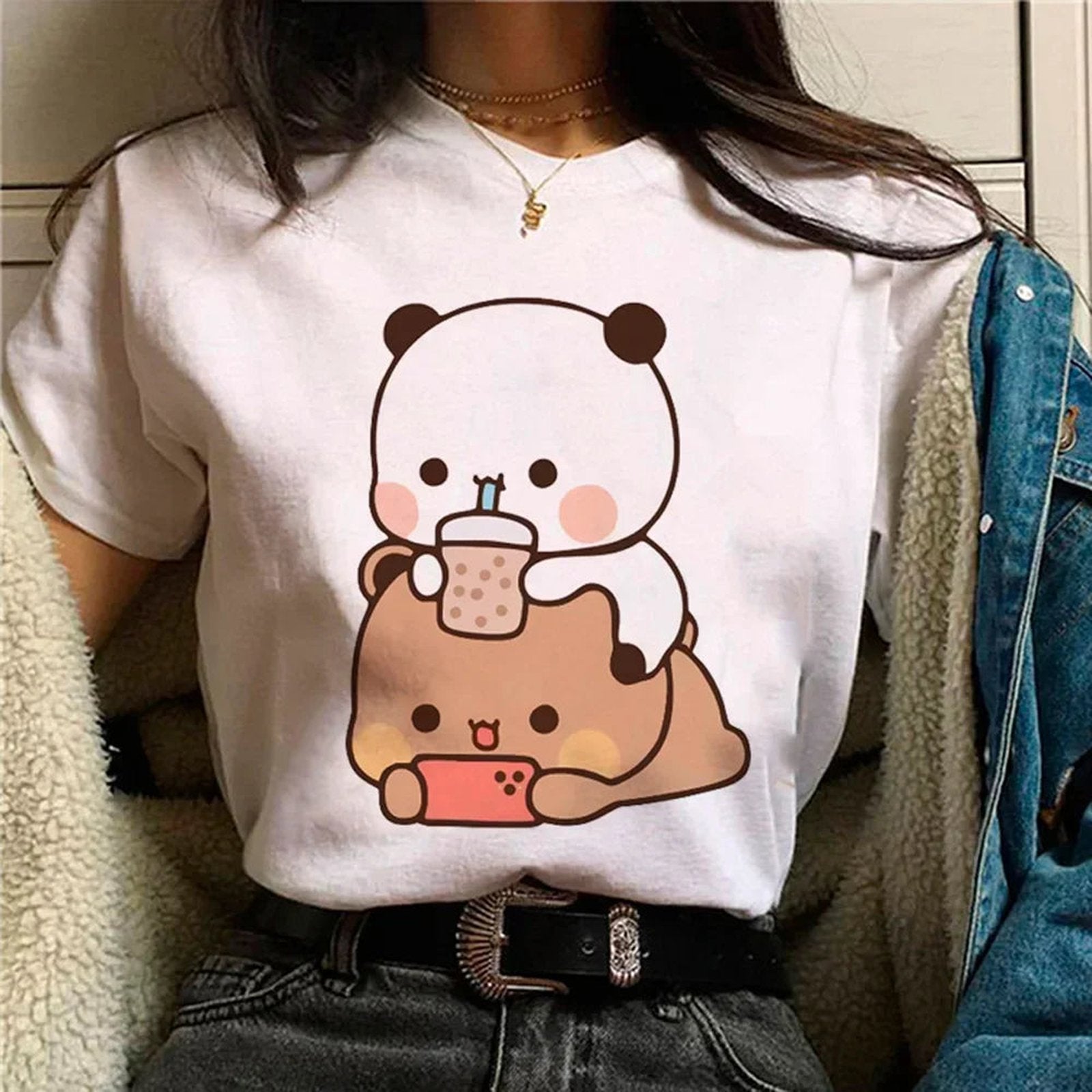 Funny Anime Graphic Tee for Women in Urban Environment