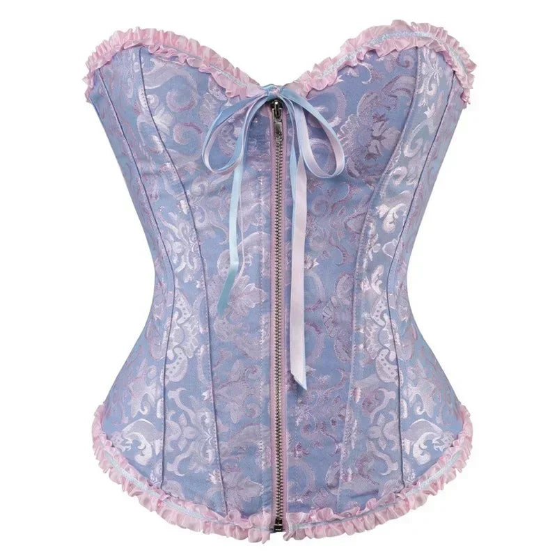 Women Floral Lace - Up Satin Overbust Corset Bustier Top