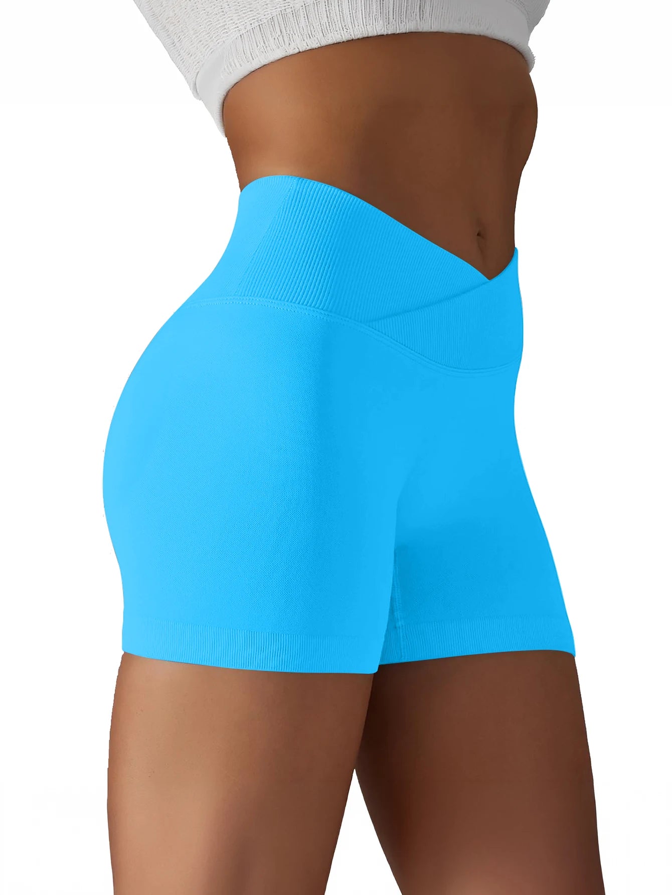 Cross Waist Workout Shorts - High Waisted Ribbed Biker