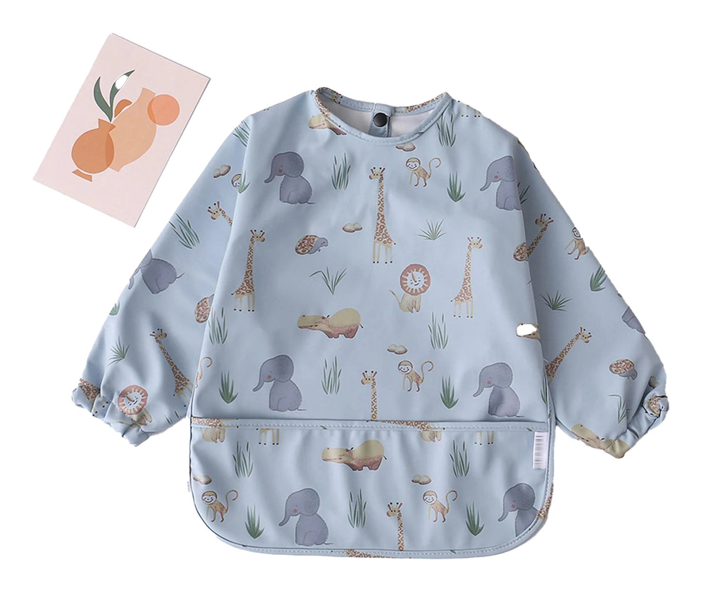 Cute waterproof baby art smock featuring playful animal designs in a soft blue color