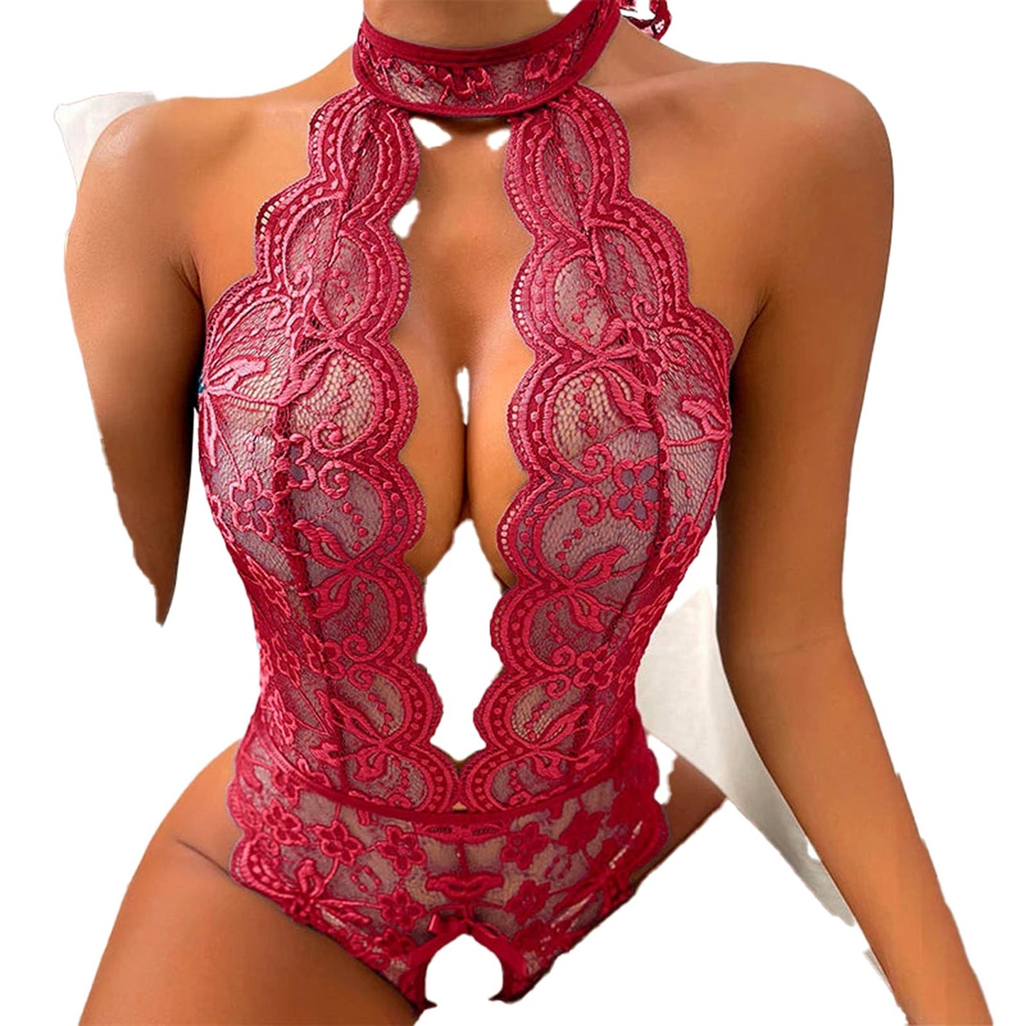 Lace See Through Teddy Bodysuit In Red