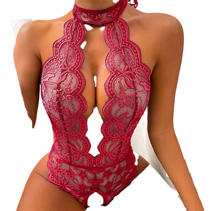 Lace See Through Teddy Bodysuit In Red