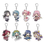 Set of eight anime character keychains on a white background