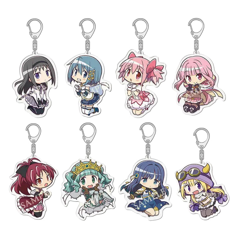 Set of eight anime character keychains on a white background