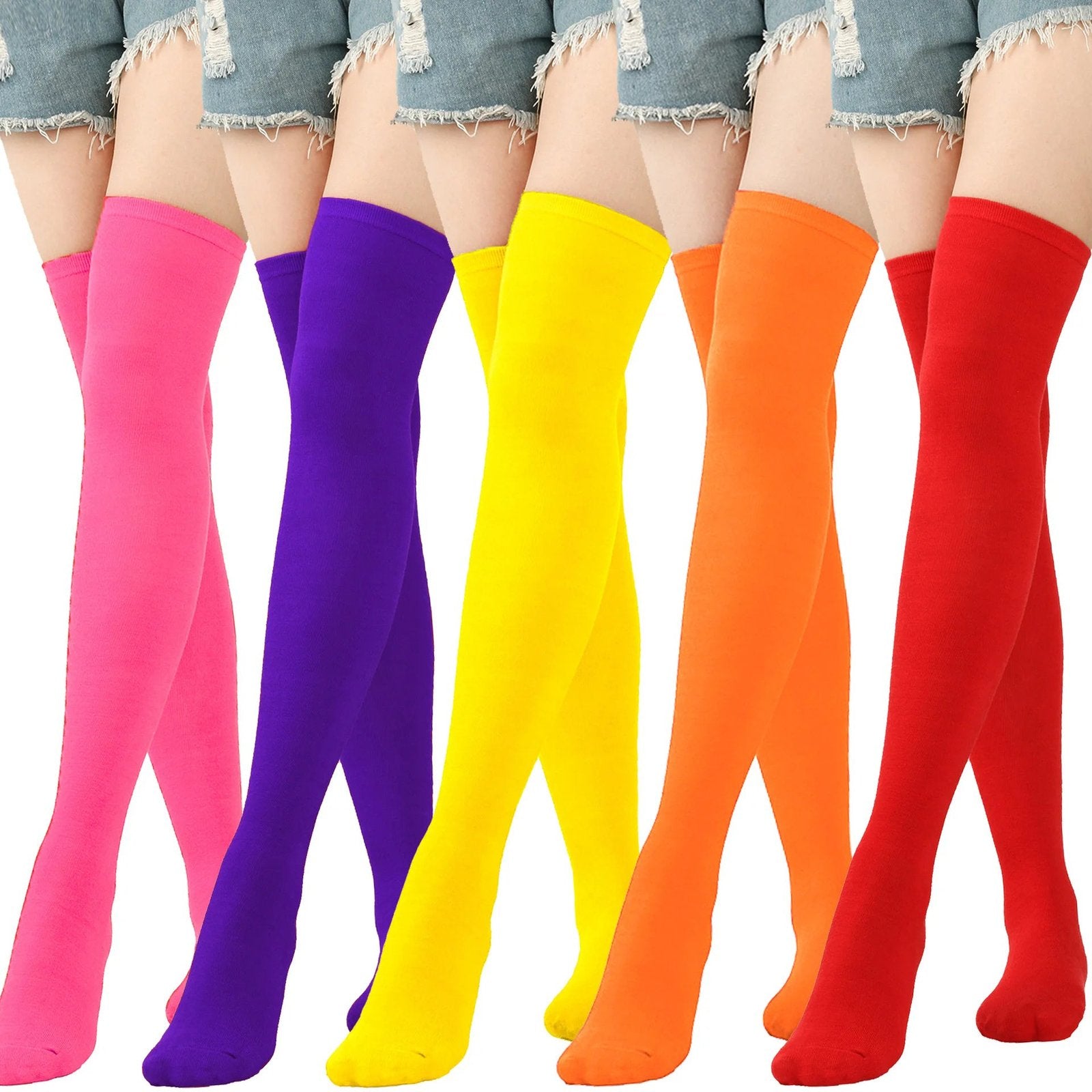 Colorful striped thigh high socks for women in pink, purple, yellow, orange, and more for stylish outfits