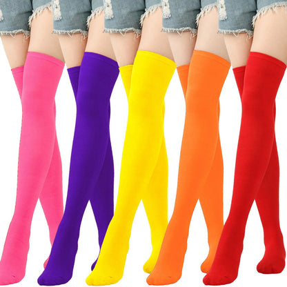 Colorful striped thigh high socks for women in pink, purple, yellow, orange, and more for stylish outfits
