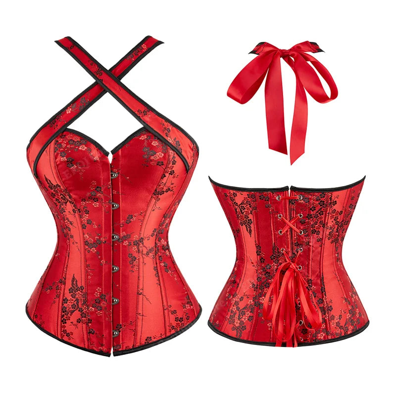 Floral Jacquard Corset with Straps in Black and Red