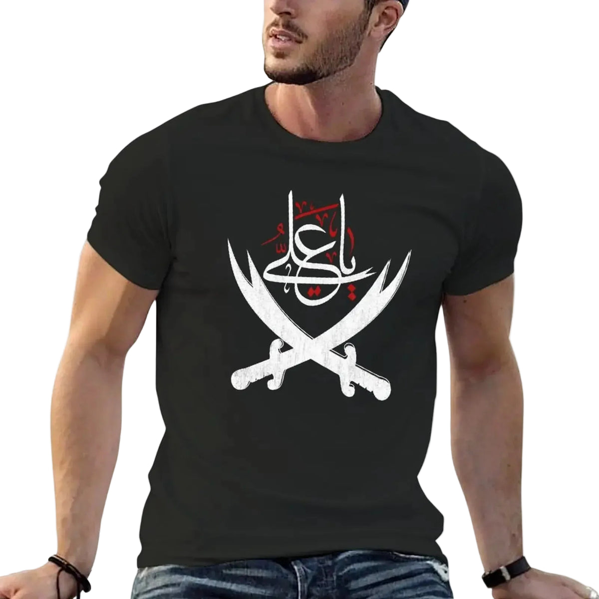 Man wearing a black t-shirt with crossed swords and Arabic text design.
