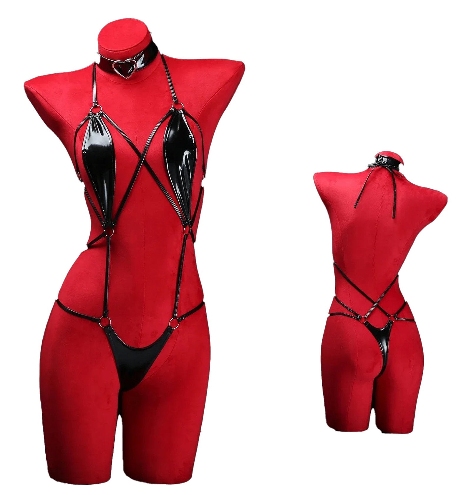 Leather Crotchless Bodysuit With Collar