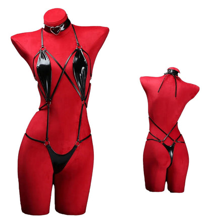 Sexy Leather Crotchless Bodysuit With Collar