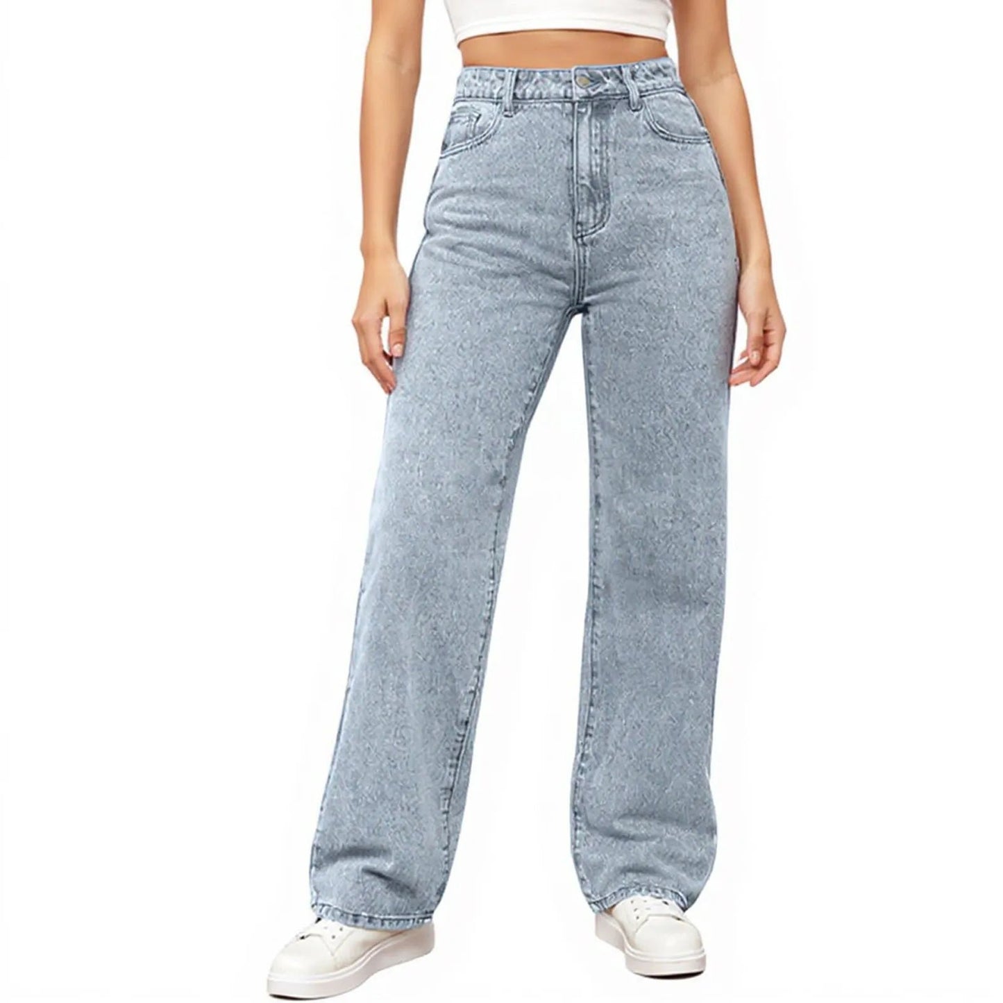 Womens High Waist Denim Trousers Trendy Fit
