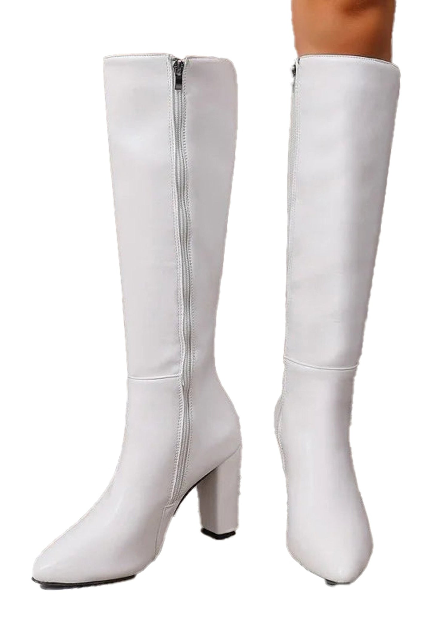 Womens Block Heel Knee Boots In White