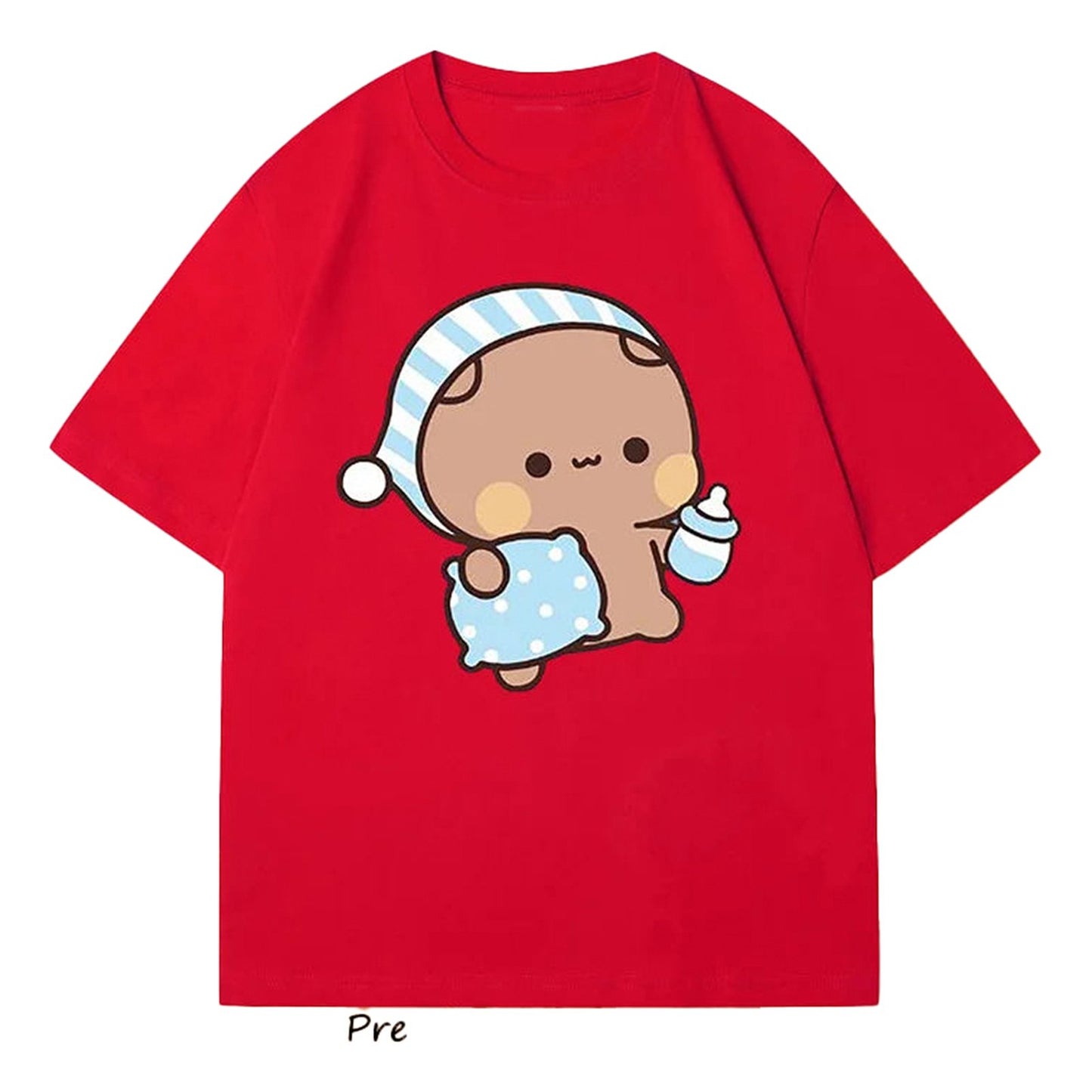 Model Wearing Cute Bubu Panda & DuDu Bear Graphic T-Shirt