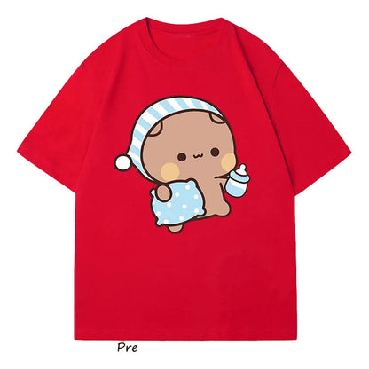 Model Wearing Cute Bubu Panda & DuDu Bear Graphic T-Shirt