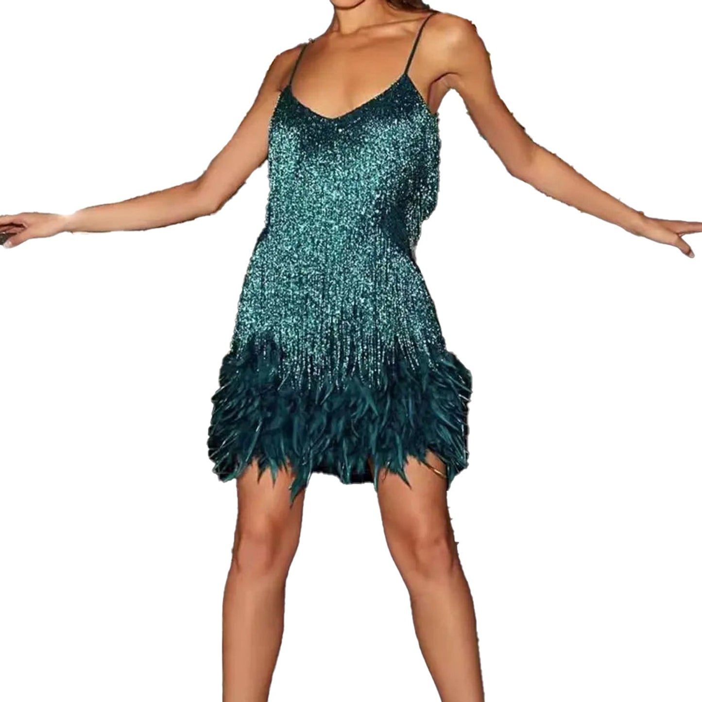 LuckeLadybug LLC teal embellished mini dress designed with a white gold tassel mini dress style