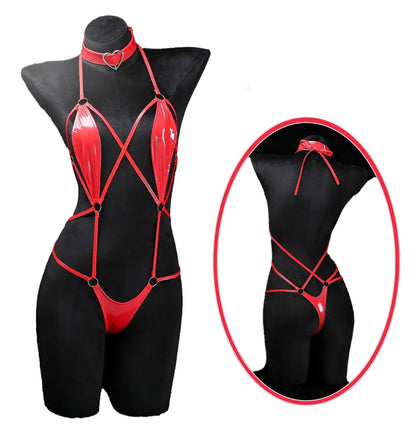 Sexy Leather Crotchless Bodysuit With Collar