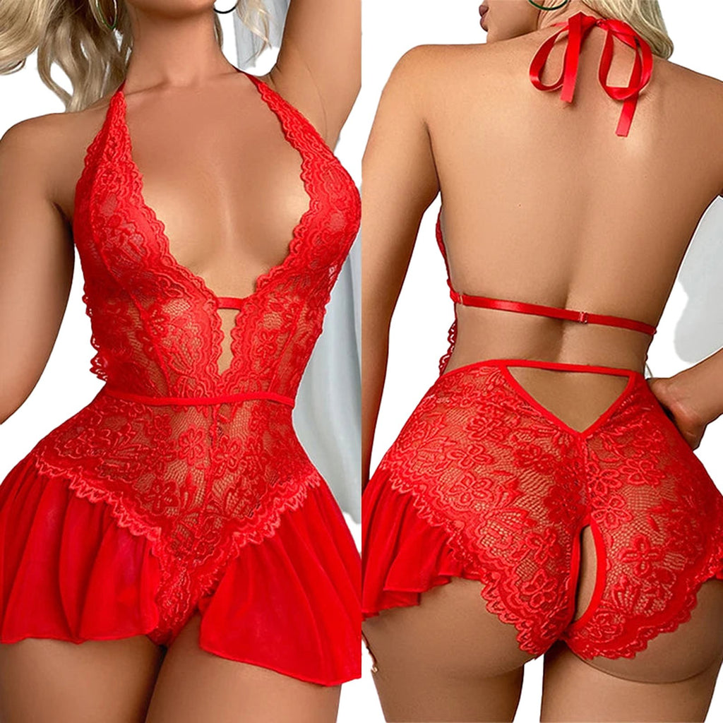 Lace See Through Teddy Bodysuit In Red