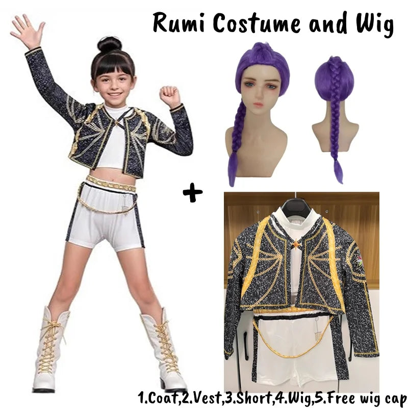 K-Pop demon hunters costume for kids featuring a sparkly jacket, shorts, and a wig