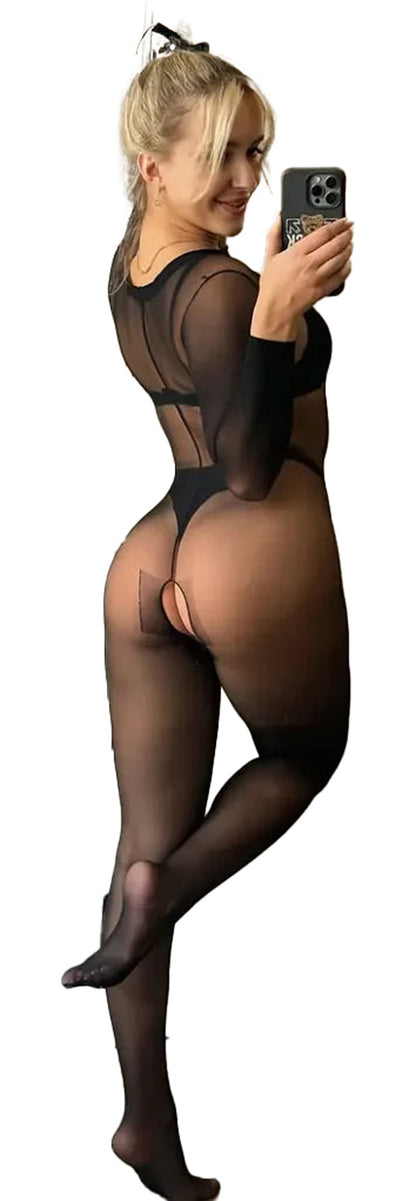 LuckeLadybug sexy mesh lingerie bodysuit in sheer black fabric for a sultry look