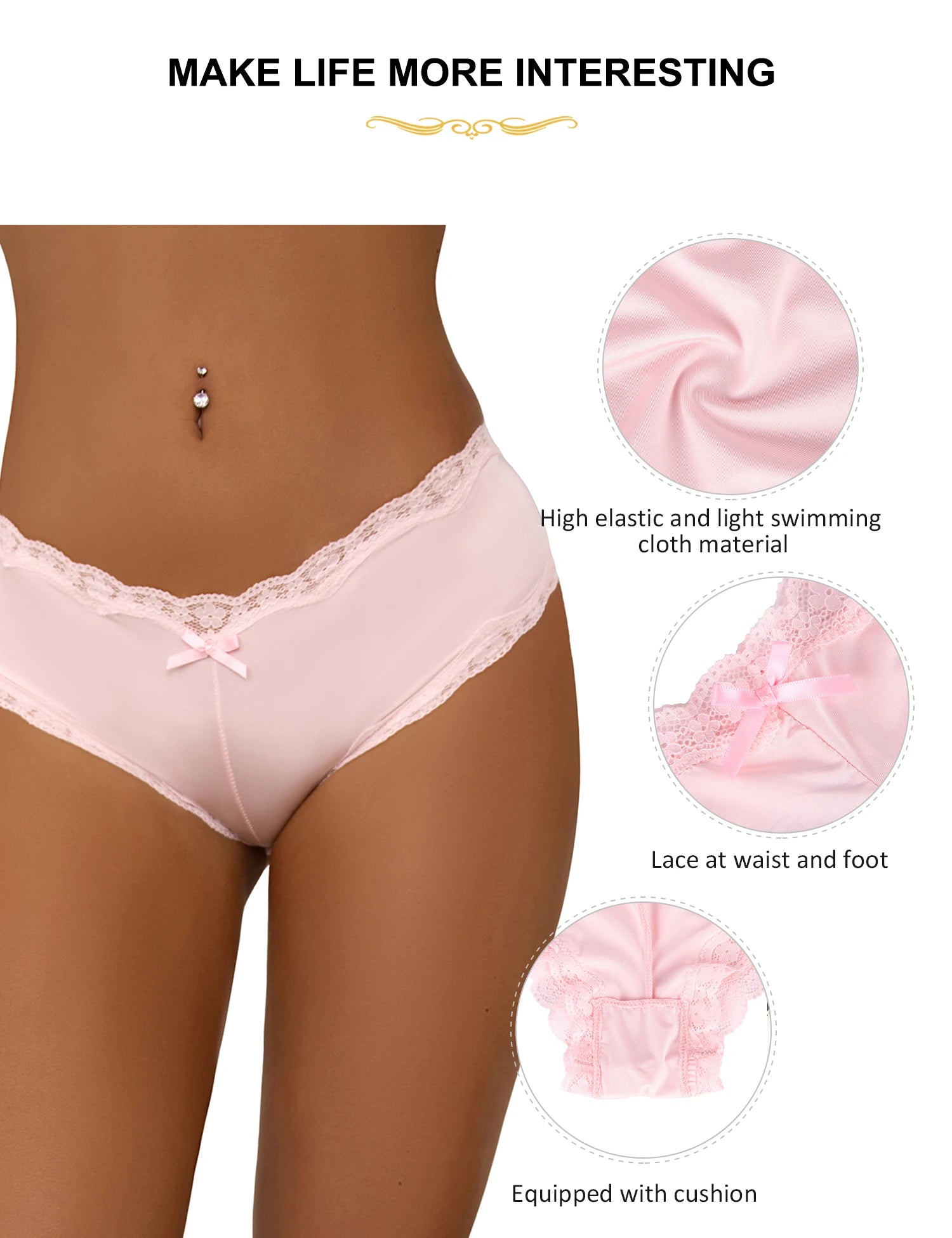 Pink sexy lace panties for women with high elastic fabric and lace detailing at waist and foot