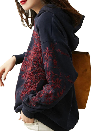 Navy embroidered graphic hoodie for women featuring floral design and a comfortable fit