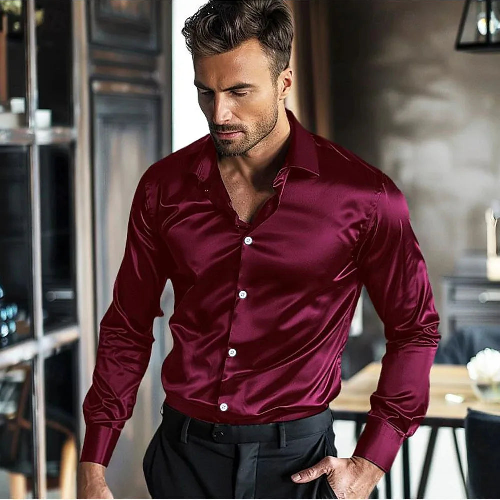 Luxury Classic Satin Silk Mens Long Sleeve Formal Dress Shirt
