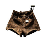 Womens Leopard Print High Waist Denim Shorts