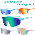 Colorful kids sunglasses with various reflective lenses on a white background