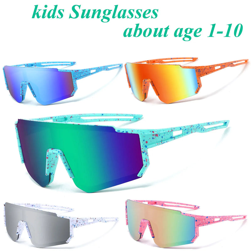 Colorful kids sunglasses with various reflective lenses on a white background