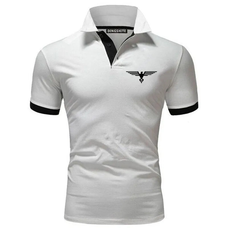 Men's business casual polo shirt in white with black accents and a stylish logo