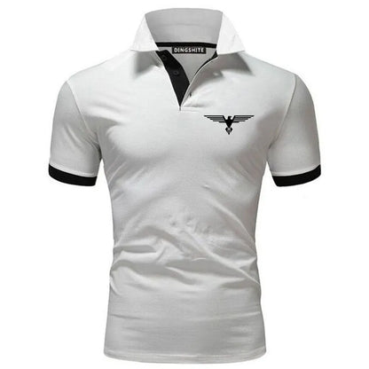 Men's business casual polo shirt in white with black accents and a stylish logo