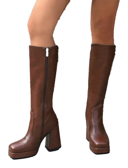 Womens Knee High Platform Boots In Red