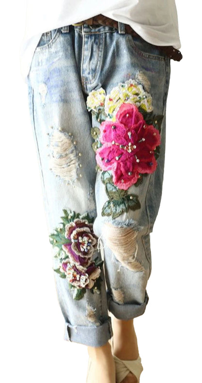 Floral Embroidery Jeans For Women
