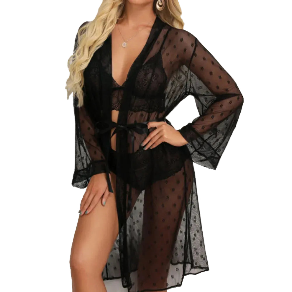 Women's Sheer Lace Robe, Bra, and Panty Lingerie Set