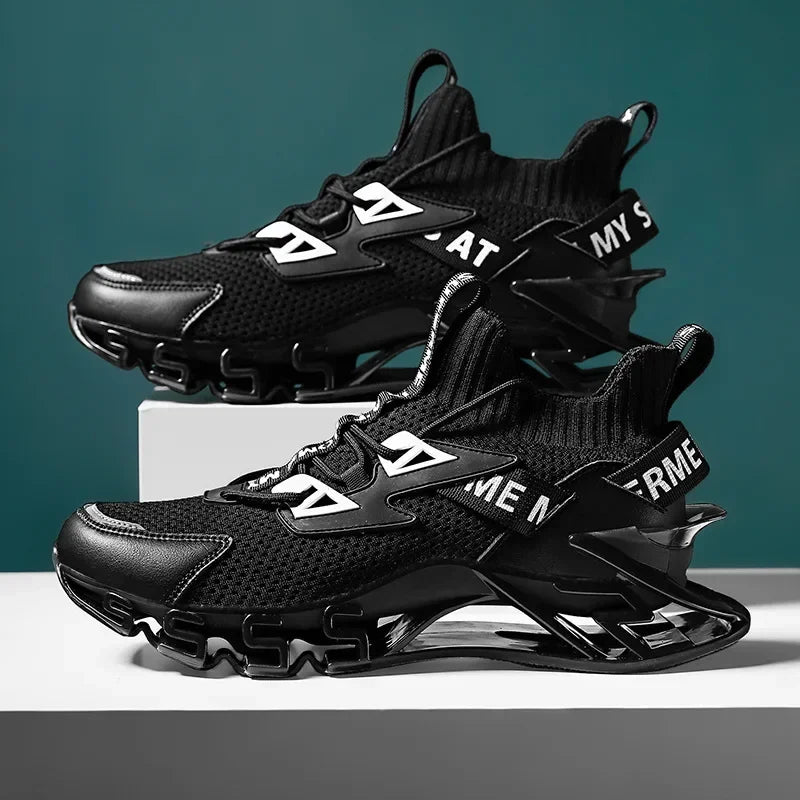 Black athletic shoes with white text on a teal background
