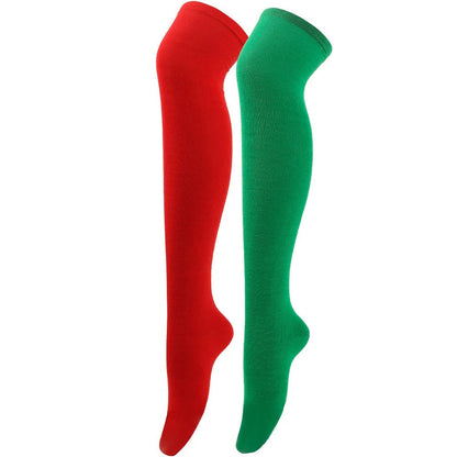 Striped thigh high socks for women in red and green, perfect for festive outfits and holiday celebrations
