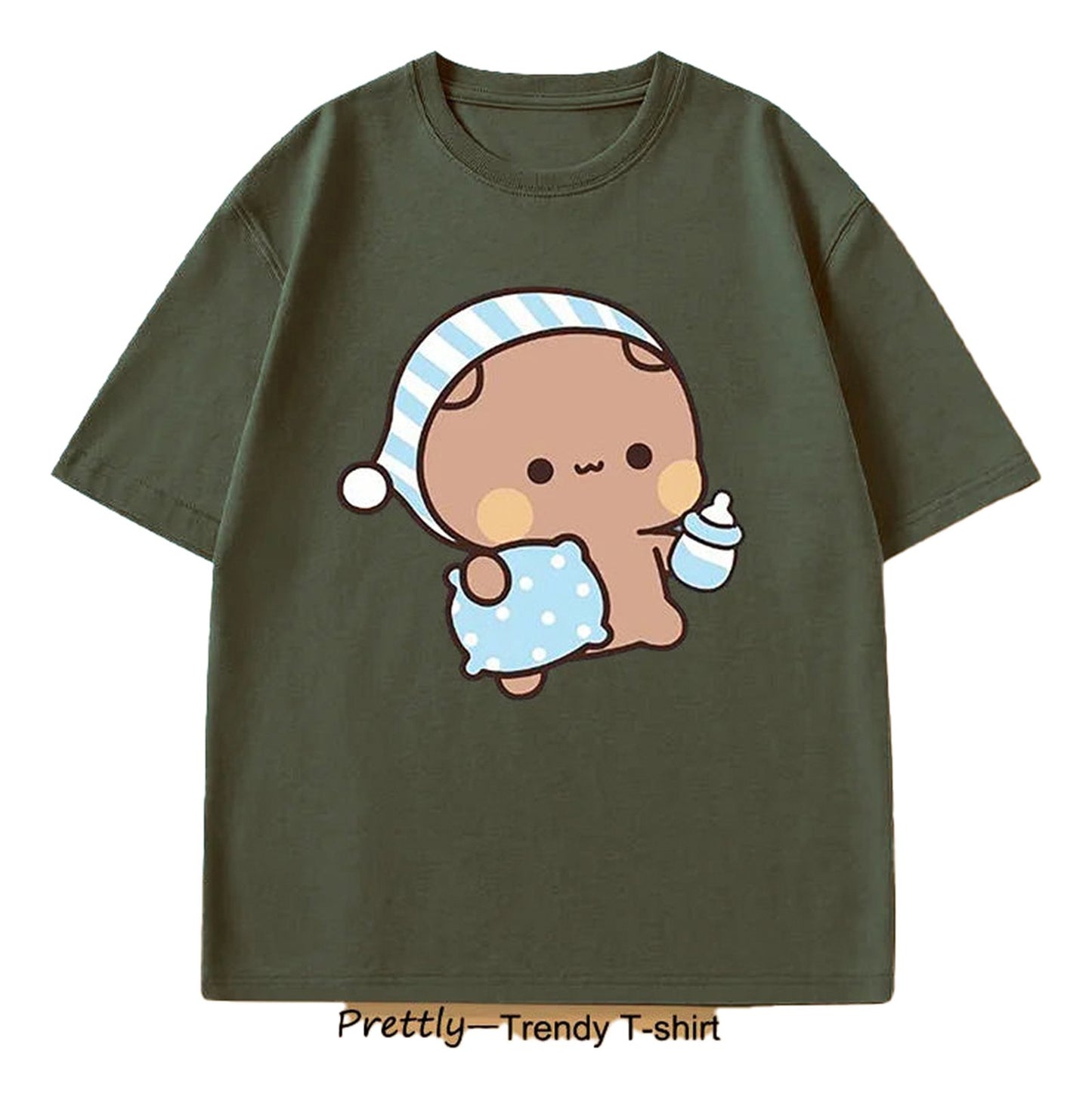 Flat Lay of Cute Bubu Panda & DuDu Bear Graphic T-Shirt