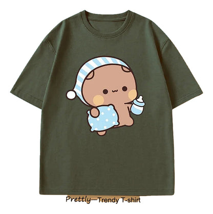Flat Lay of Cute Bubu Panda & DuDu Bear Graphic T-Shirt