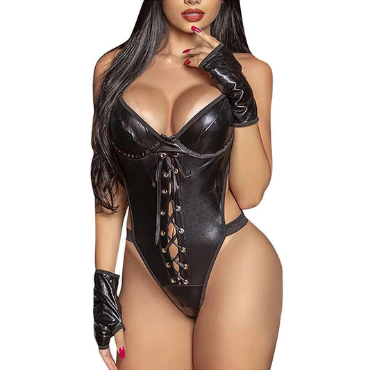 Plus Size Leather Lingerie Bodysuit