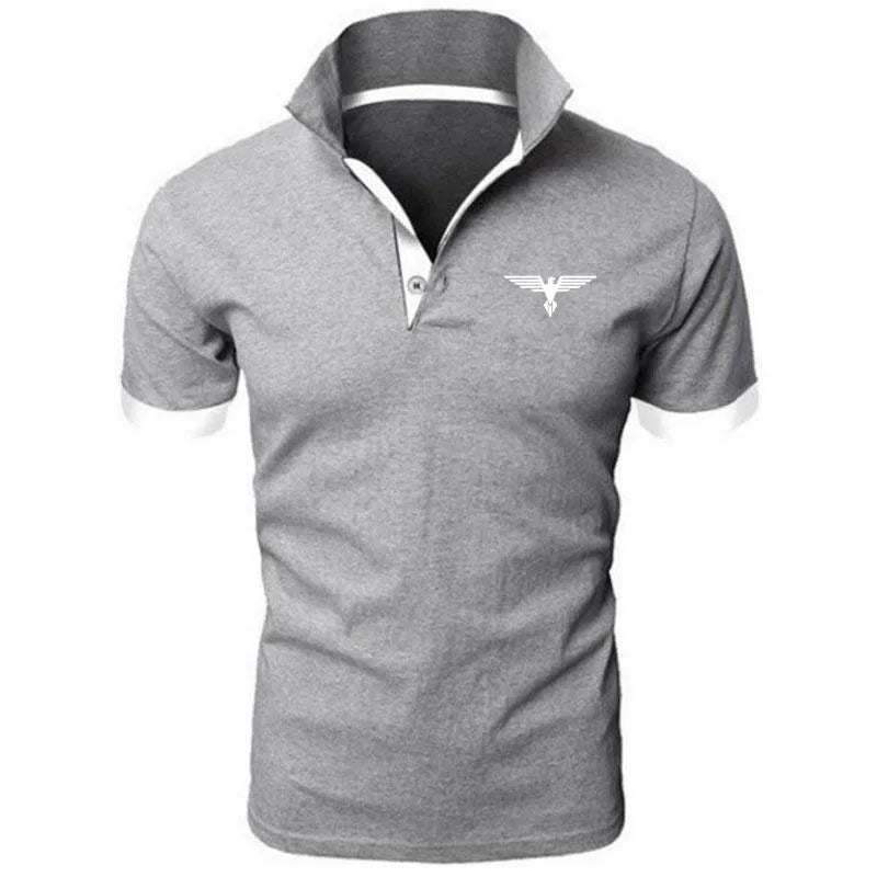 Gray men's business casual polo shirt by LuckeLadybug LLC with a stylish collar design