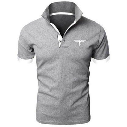 Gray men's business casual polo shirt by LuckeLadybug LLC with a stylish collar design