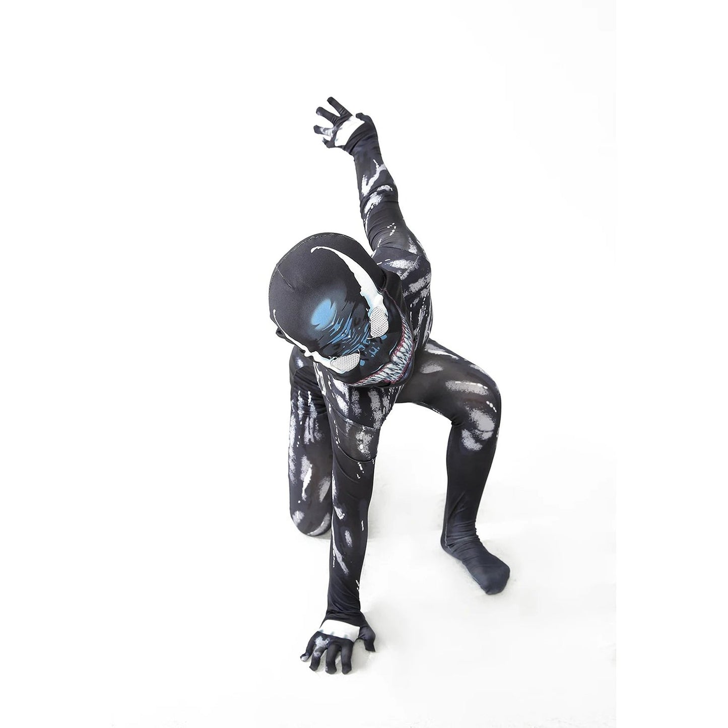 Kids Venom costume for kids featuring a sleek black design and superhero mask for playtime adventures