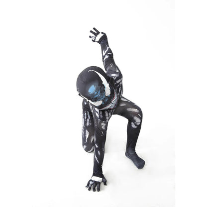 Kids Venom costume for kids featuring a sleek black design and superhero mask for playtime adventures