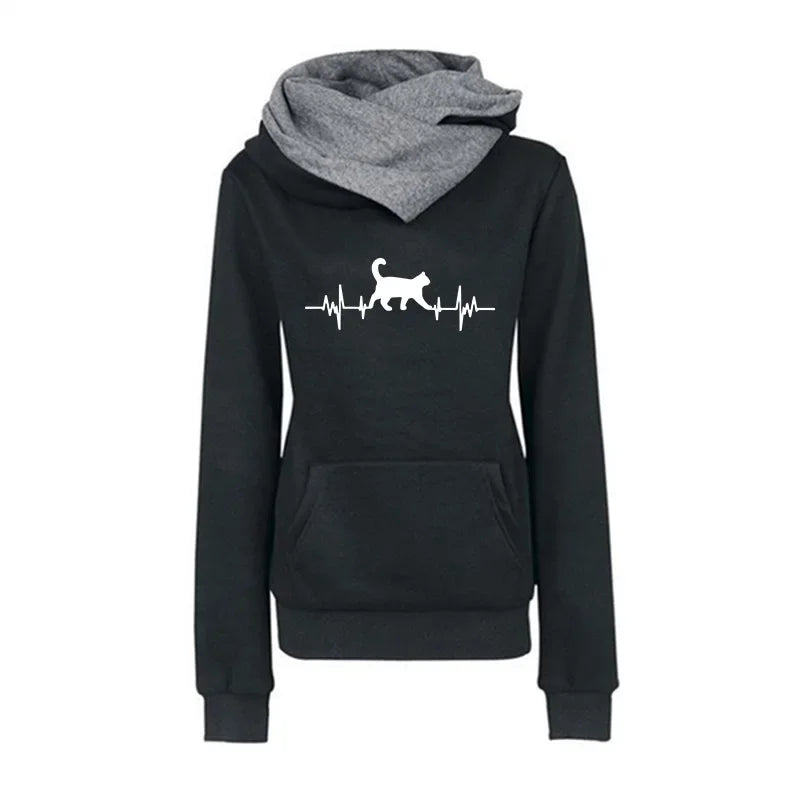 LuckeLadybug LLC women's autumn winter sweatshirts featuring a heartbeat design with a cat silhouette