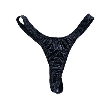 Black shiny patent leather thong with ruched design for a stylish and comfortable fit