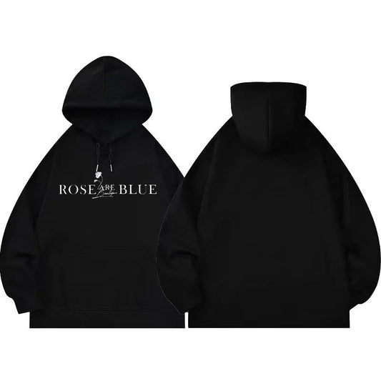 LuckeLadybug LLC black rose pattern hoodie with graphic text design on the front and back