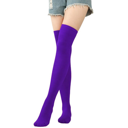 Vibrant Purple Striped Thigh High Socks for Women, perfect for stylish outfits and cozy wear