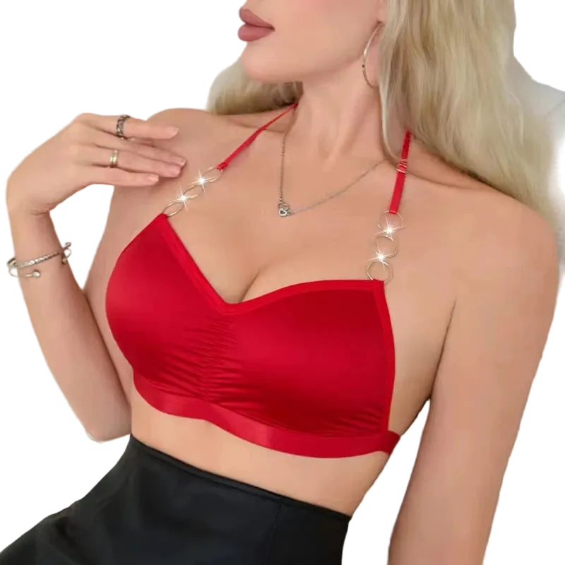 Sexy Red Halter Bralette with Metal Ring and Ruched Satin