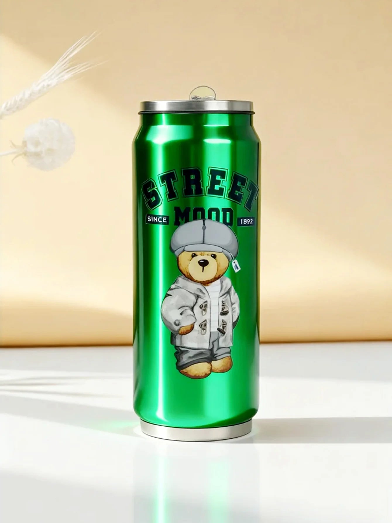 TEDDY Beer Can Thermal Cup with Straw Double Wall Insulated Vacuum Travel Mug