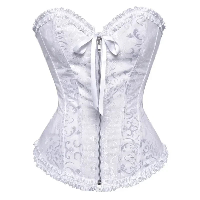 Women Floral Lace - Up Satin Overbust Corset Bustier Top